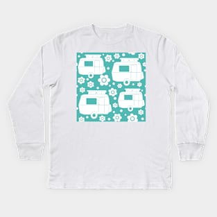 Daisy Polka Dot Vintage Caravan Pattern in Turquoise and White Kids Long Sleeve T-Shirt